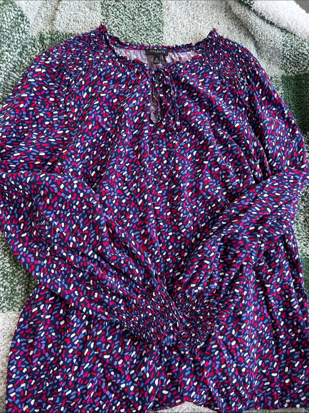 Talbots Purple Multi-Color Smocked Long Sleeve Blouse